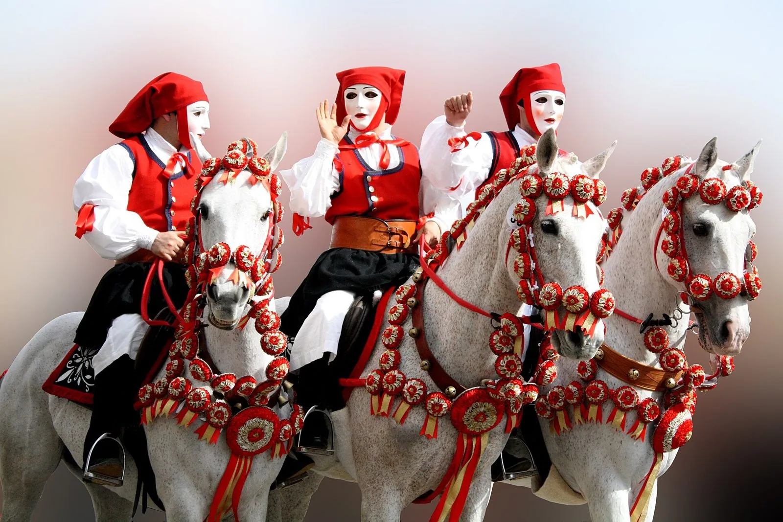 Tre cavalieri mascherati della Sartiglia su cavalli bianchi bardati con coccarde rosse